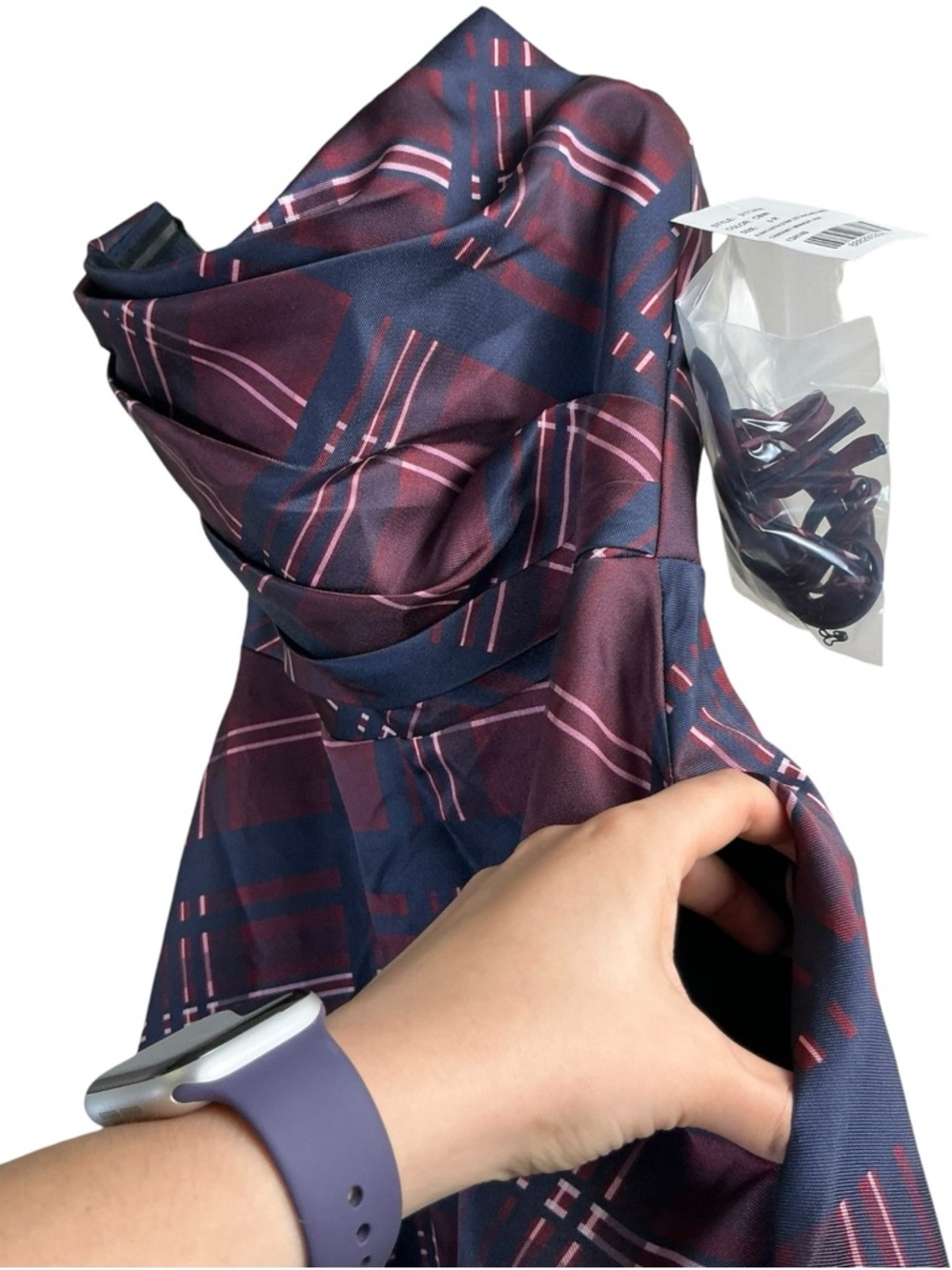 Dessy Collection Strapless Tartan Satin Maxi Dress in Cabernet and Midnight - Picture 5 of 8